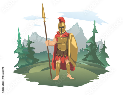 An antique warrior with a shield and a spear on the background of a mountain landscape. God of war, Ares or Mars. Vector illustration, isolated on white.