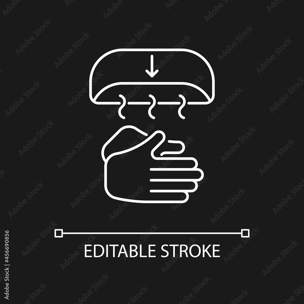 Air dry hands white linear icon for dark theme. Hygienic alternative. Hand-drying method. Thin line customizable illustration. Isolated vector contour symbol for night mode. Editable stroke