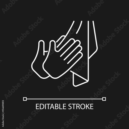 Dry hands with towel white linear icon for dark theme. Using paper and textile towels. Thin line customizable illustration. Isolated vector contour symbol for night mode. Editable stroke