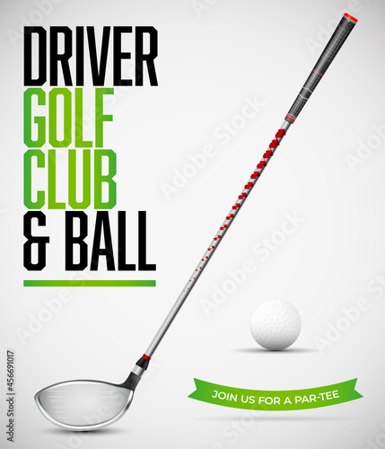 Driver golf club and ball with shadows on white background