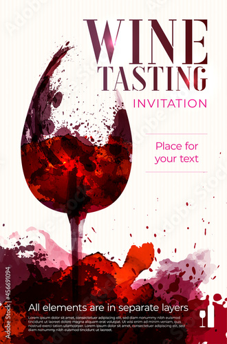 Silhouette of wine glass on watercolor splashes background