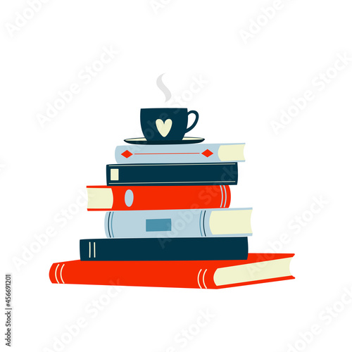 Stack of colorful books and cup with saucer. Doodle style. 