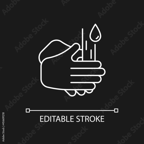 Rub palms together white linear icon for dark theme. Rinsing hands under cold running water. Thin line customizable illustration. Isolated vector contour symbol for night mode. Editable stroke