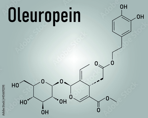 Oleuropein olive component molecule. In part responsible for pungency of virgin olive oil, may have beneficial properties. Skeletal formula.