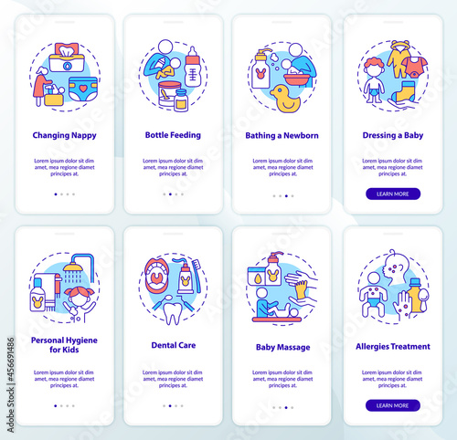 Raising child onboarding mobile app page screen set. Health care and hygiene walkthrough 4 steps graphic instructions with concepts. UI, UX, GUI vector template with linear color illustrations