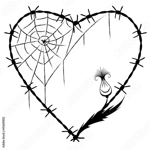 Vector illustration of barbed wire frame as heart with stylized thistle in black and white