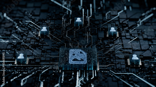 Image Technology Concept with picture symbol on a Microchip. White Neon Data flows between Users and the CPU across a Futuristic Motherboard. 3D render. photo