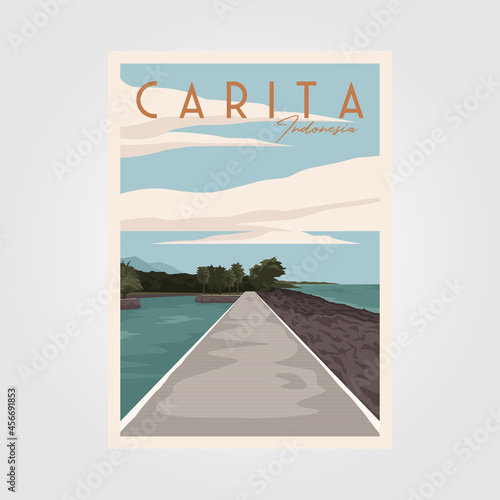 carita beach travel vintage poster vector illustration design, view at bintang laut resort carita indonesia