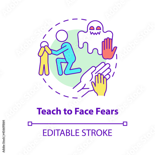 Teach to face fears concept icon. Support kid abstract idea thin line illustration. Help child to overcome phobias. Parenting. Vector isolated outline color drawing. Editable stroke
