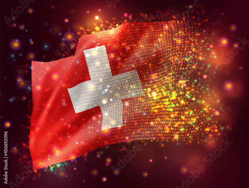Switzerland, vector 3d flag on pink purple background with lighting and flares