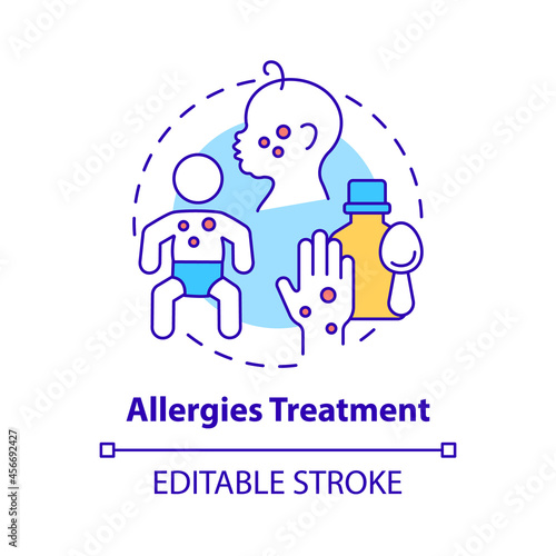 Allergies treatment concept icon. Allergy reaction relief abstract idea thin line illustration. Take medication. Doctor checkup. Vector isolated outline color drawing. Editable stroke