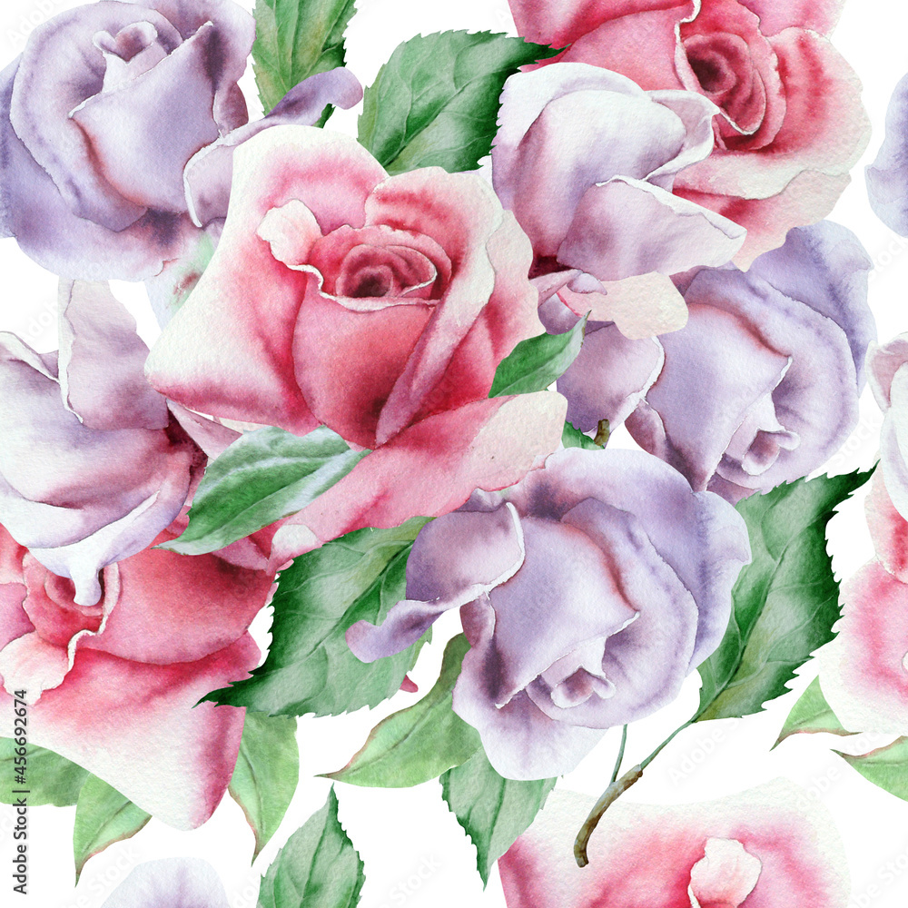 Obraz premium Bright seamless pattern with flowers. Rose. Watercolor. Hand drawn.