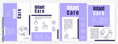 Infant care purple brochure template. Baby health care. Flyer, booklet, leaflet print, cover design with linear icons. Vector layouts for presentation, annual reports, advertisement pages