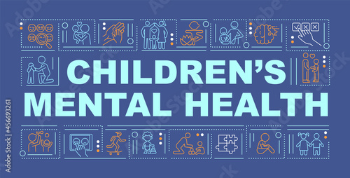 Kids mental health word concepts banner. Emotional development. Infographics with linear icons on blue background. Isolated creative typography. Vector outline color illustration with text