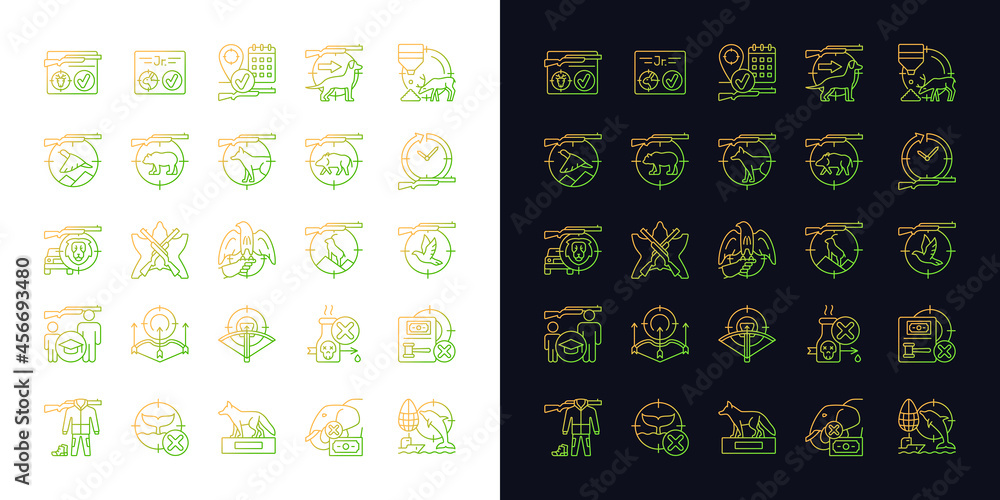 Hunting gradient icons set for dark and light mode. Wildlife animal and bird hunt. Pursue prey. Thin line contour symbols bundle. Isolated vector outline illustrations collection on black and white