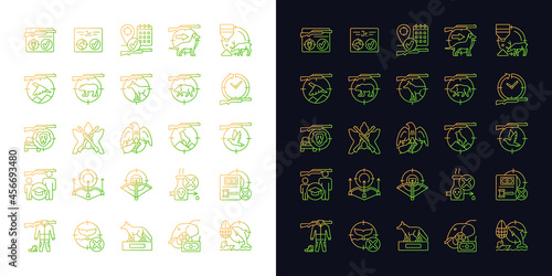 Hunting gradient icons set for dark and light mode. Wildlife animal and bird hunt. Pursue prey. Thin line contour symbols bundle. Isolated vector outline illustrations collection on black and white