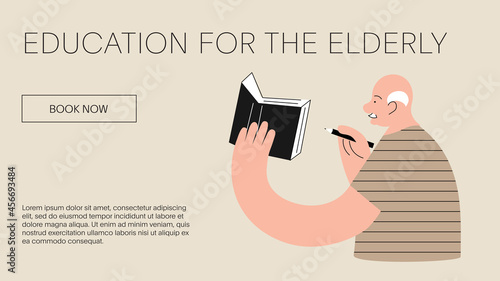 Elderly man holds a notebook in his hand and makes notes in it