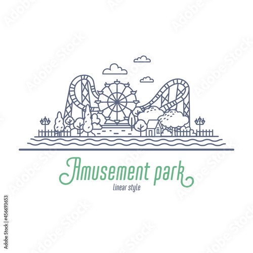 Amusement park thin line vector illustration. Ferris wheel and roller coaster in the park. Outline style vector illustration on white background.