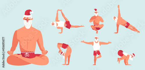 Set of Santa Claus character doing yoga poses.