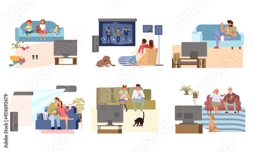 Set of different people sitting on sofa and watching TV