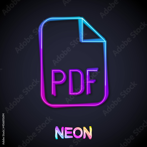 Glowing neon line PDF file document. Download pdf button icon isolated on black background. PDF file symbol. Vector