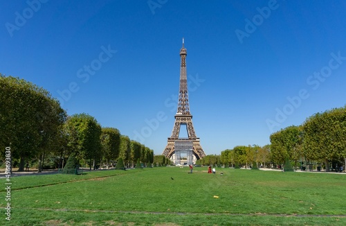 The Eiffel tower from the Champ de Mars, on a sunny day, with the scaffolding of its restoration © Montse