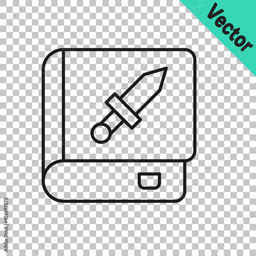 Black line Book about weapon icon isolated on transparent background. Small firearm. Weapon catalog. Vector