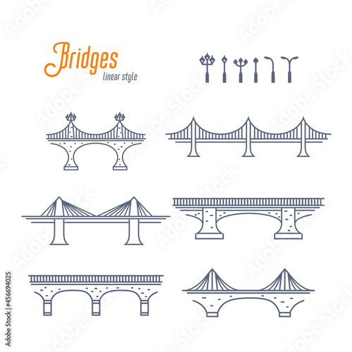 Bridges and street lamps line vector set. Various bridges and streets lights. Outline style vector illustration on white background.