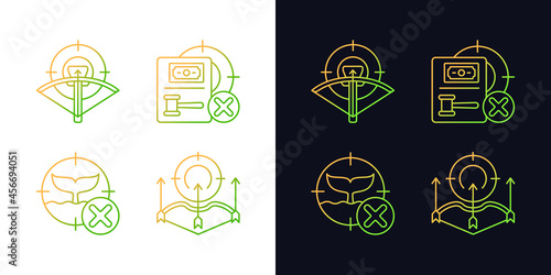 Hunting provisions and restrictions gradient icons set for dark and light mode. Protection act. Thin line contour symbols bundle. Isolated vector outline illustrations collection on black and white