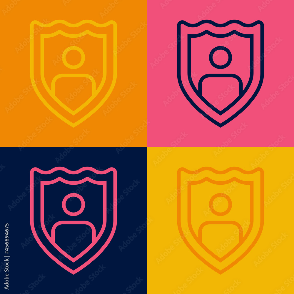 Pop art line Life insurance with shield icon isolated on color background. Security, safety, protection, protect concept. Vector Pop art line Life insurance with shield icon isolated on color background. Security, safety, protection, protect concept. Vector