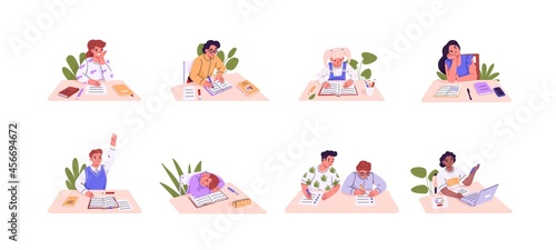 Set of young students and pupils sitting at desk and studying. School children writing and reading. Happy and bored kids at table. Flat vector illustration of schoolkids isolated on white background