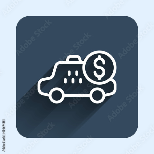 White line Taximeter device icon isolated with long shadow background. Measurement appliance for passenger fare in taxi car. Blue square button. Vector