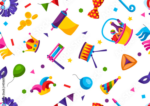 Happy Purim Jewish holiday seamless pattern. Background with traditional symbols.