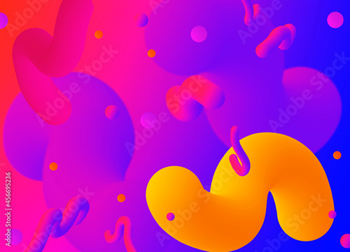Multi-colored abstraction with fluids and balls on a gradient background. A 3D image with red, pink, orange, purple and blue colors. © Людмила Чиговская