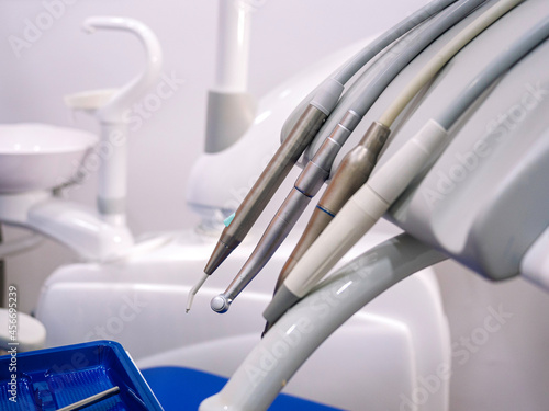 Close-up of dental tools. Dental health concept.