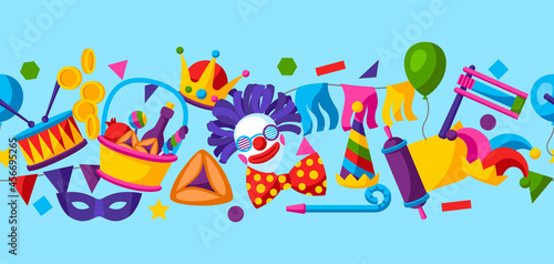 Happy Purim Jewish holiday seamless pattern. Background with traditional symbols.