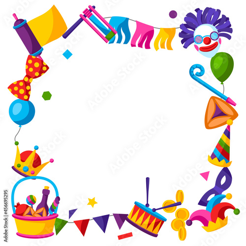 Happy Purim Jewish holiday frame. Background with traditional symbols.