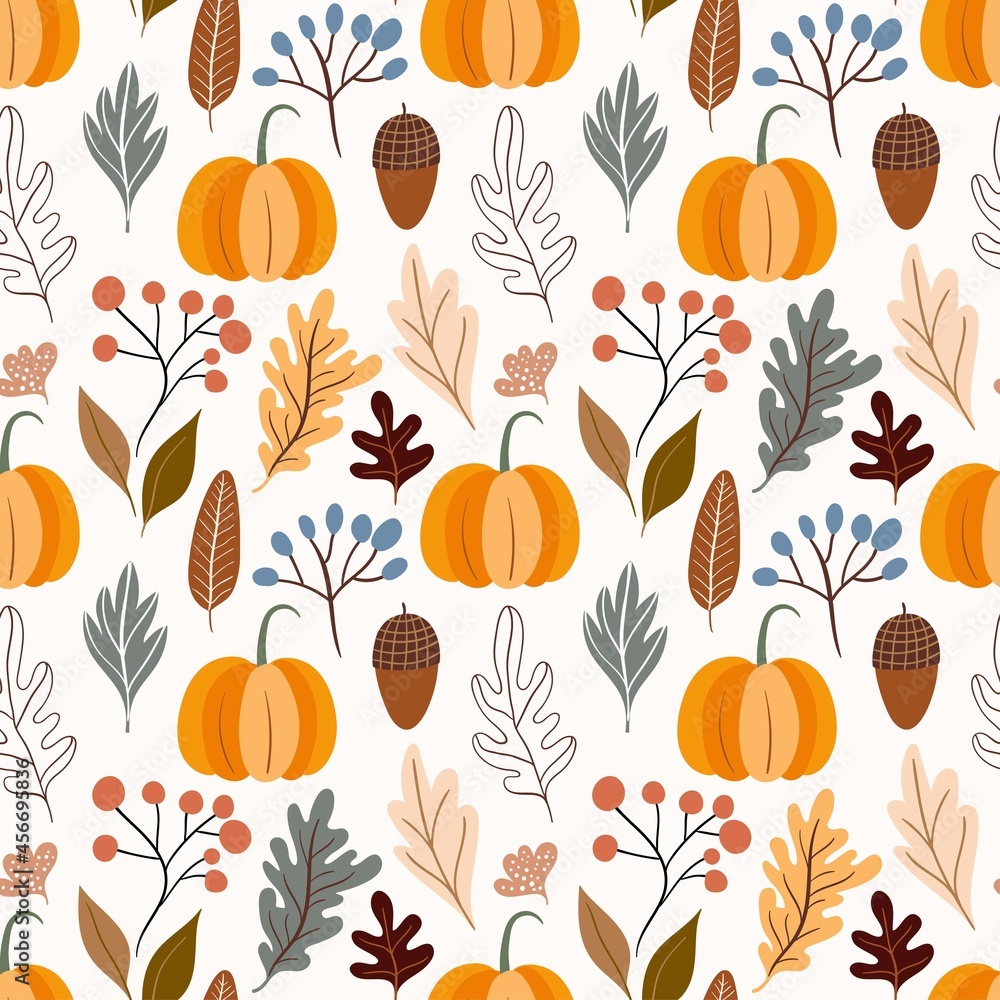 Autumn decorative seamless pattern with pumpkins and seasonal elements, acorns, plants, leaves - obrazy, fototapety, plakaty 