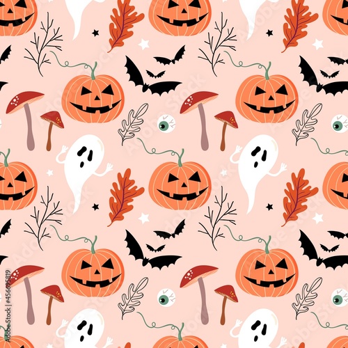 Halloween seamless pattern with pukpkins and ghosts