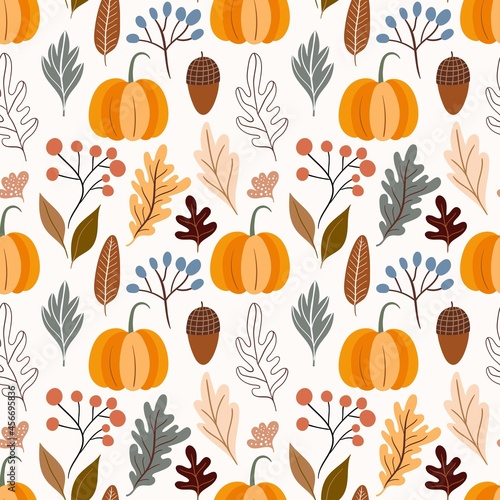 Autumn decorative seamless pattern with pumpkins and seasonal elements, acorns, plants, leaves