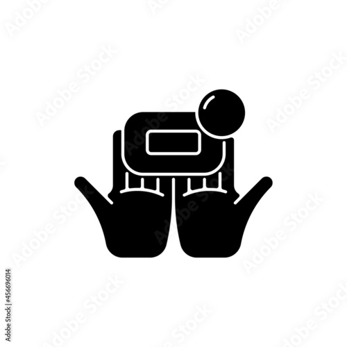 Washing with brick soap black glyph icon. Effectiveness against bacteria. Wetting bar soap with water. Getting hands clean, germs-free. Silhouette symbol on white space. Vector isolated illustration