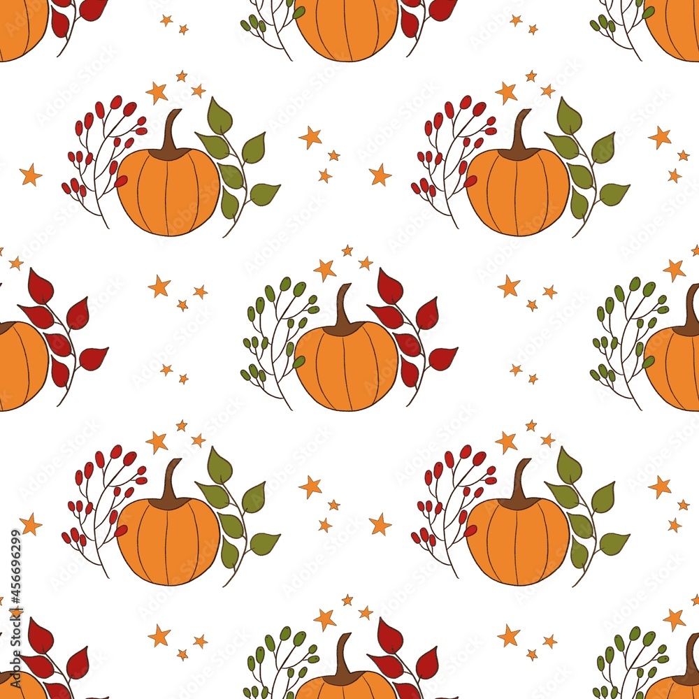 Seamless background autumn illustration pattern with orange pumpkin and colored leaves to Halloween