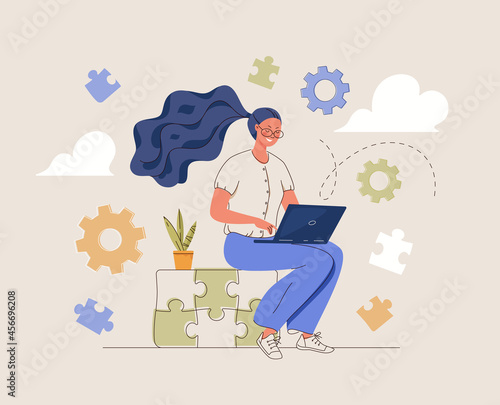 Conceptual vector illustration of process of finding unusual solution, successful creative work. Young woman at laptop, surrounded by puzzle pieces and rotating gears.