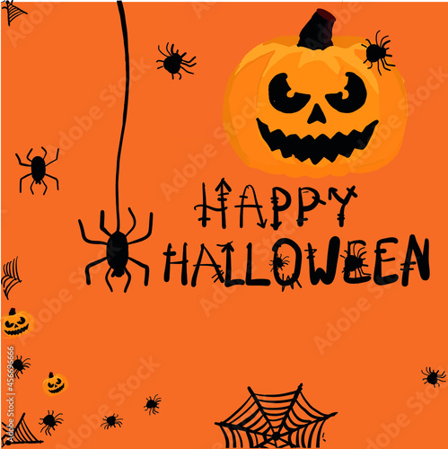 Halloween banner with pumpkins and spiders on an orange background.