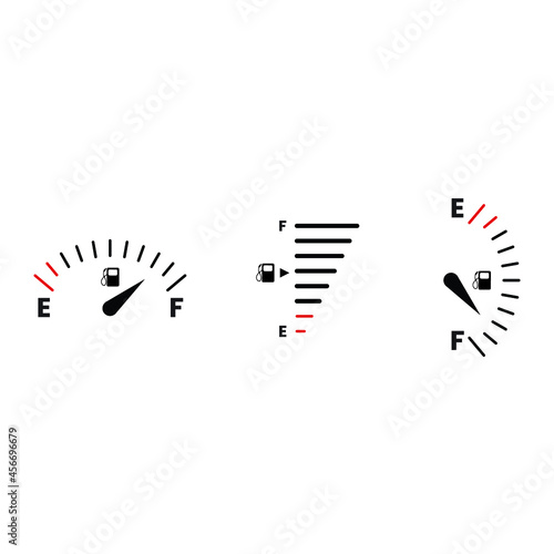 Fuel indicator for gas, petrol, gasoline, diesel level count. Set of car gauge for measuring fuel consumption and control gas tank fullness vector illustration isolated on white background