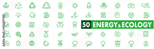 Set of green energy thin line icons. Icons for renewable energy, green technology. Design elements for you projects. Vector illustration