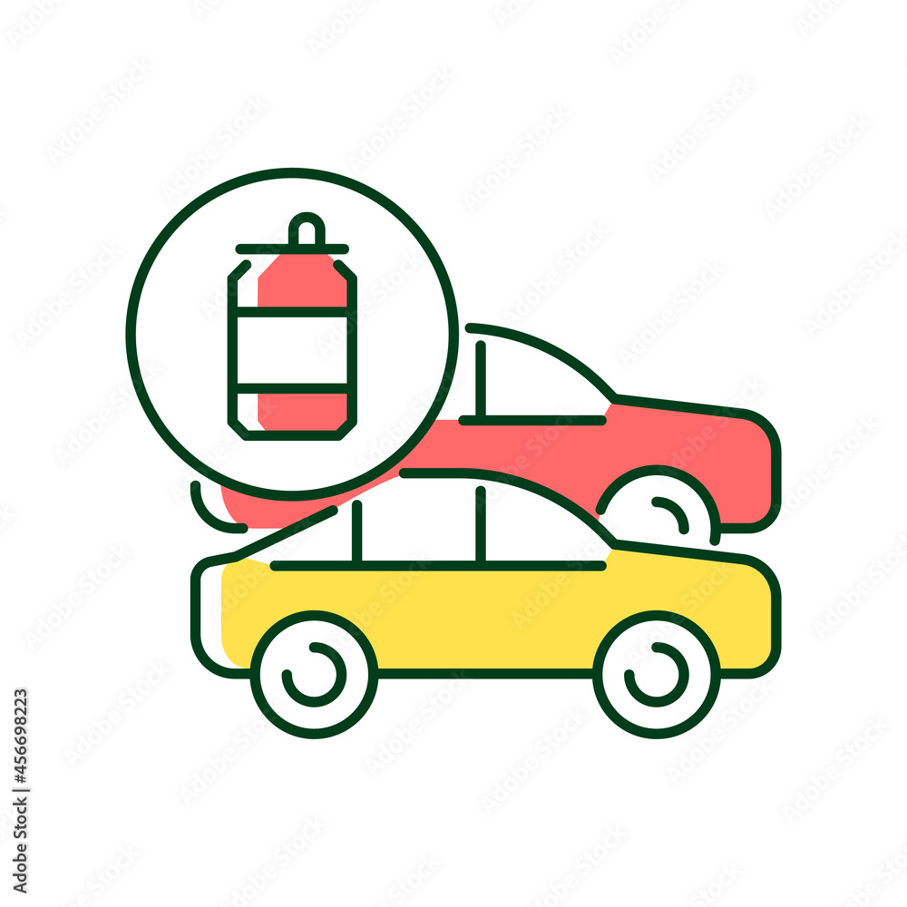 Cars made from recycled steel RGB color icon. Vehicles from aluminum cans. Recycling food and beverage containers. Using reprocessed material. Isolated vector illustration. Simple filled line drawing Cars made from recycled steel RGB color icon. Vehicles from aluminum cans. Recycling food and beverage containers. Using reprocessed material. Isolated vector illustration. Simple filled line drawing