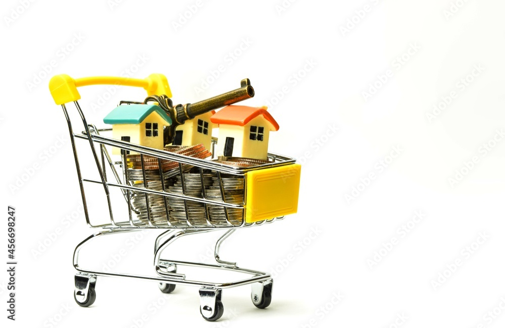Tiny house with key on coins in a shopping cart. Isolated on white background. concept ideas. copy space, sale and purchase of real estate 