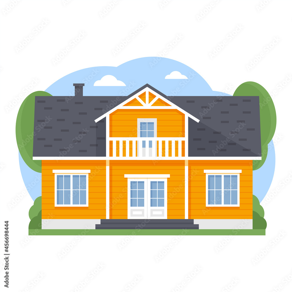 Yellow two-story house in flat style. Real estate business concept. Vector suburban house isolated on white background.