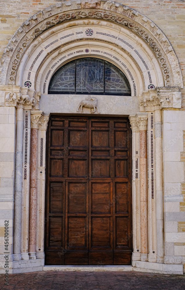 view of the historic center of Fano, Marche, Italy. church door